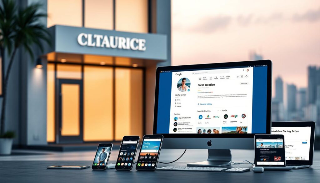 Cadastro em Diretórios para Clínicas: A Digital Footprint for Success A modern clinical practice stands tall, its facade bathed in warm, natural light. The entrance is adorned with a sleek, minimalist sign, inviting patients to discover the clinic's services. In the foreground, a desktop computer screen displays a meticulously crafted directory listing, showcasing the clinic's profile, contact information, and a stunning hero image. The middle ground features an array of digital devices, from smartphones to tablets, each reflecting the clinic's digital presence across various platforms and search engines. A sense of organization and professionalism permeates the scene, hinting at the clinic's commitment to a strong online presence. In the background, a soft, blurred city skyline provides a subtle backdrop, emphasizing the clinic's integration into the larger digital landscape. The overall atmosphere conveys a sense of confidence, modernity, and a dedication to connecting with patients through strategic online