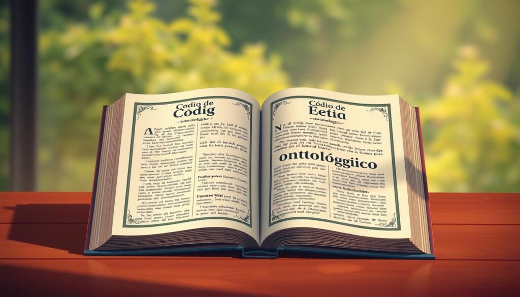 Código de Ética odontológico: a serene, warm-toned illustration depicting an open book with a formal, official-looking cover emblazoned with the title, resting on a polished wood surface. Soft, directional lighting illuminates the pages, revealing meticulous calligraphic text and intricate iconography, conveying a sense of importance and gravitas. The background is a subtly blurred, natural scene - perhaps a lush, verdant landscape or a tranquil office interior - allowing the book to be the focal point, commanding the viewer's attention. The overall mood is one of professionalism, ethics, and the solemn responsibility of the dental profession.