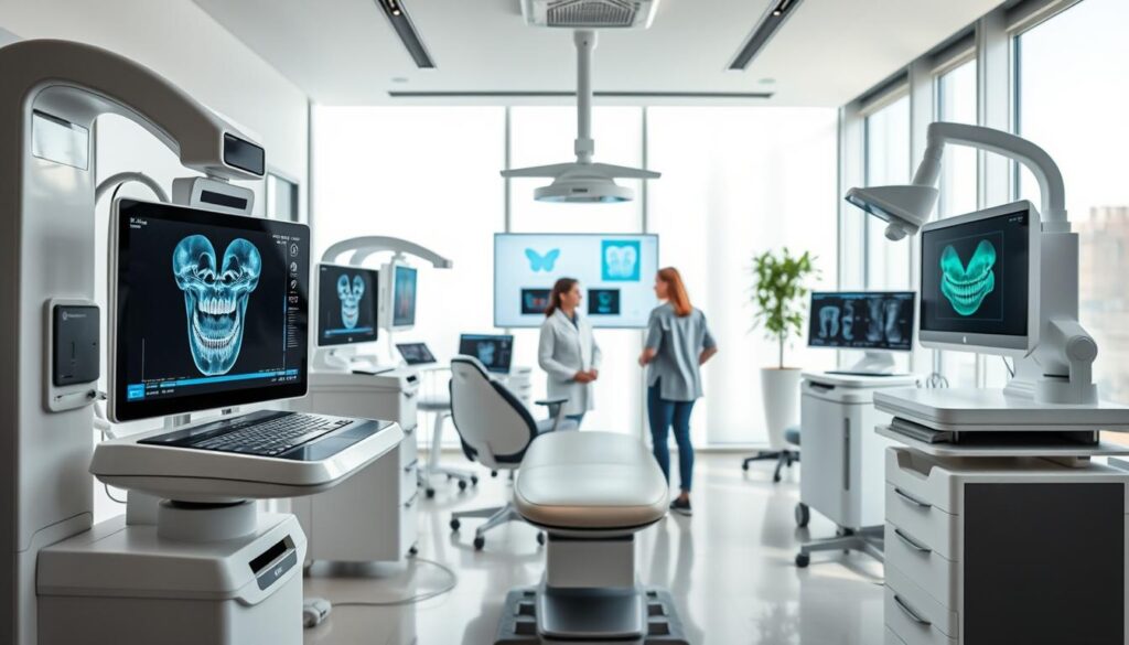 Cutting-edge dental technologies in a modern, well-equipped clinic. The foreground showcases digital X-ray machines, 3D dental scanners, and computer-aided design software. In the middle ground, a dentist and patient review digital treatment plans on a large screen. The background features a sleek, minimalist interior with plenty of natural light filtering through floor-to-ceiling windows. The scene conveys a sense of technological innovation, precision, and patient-centric care, perfectly reflecting the integration of technology into the field of dentistry.