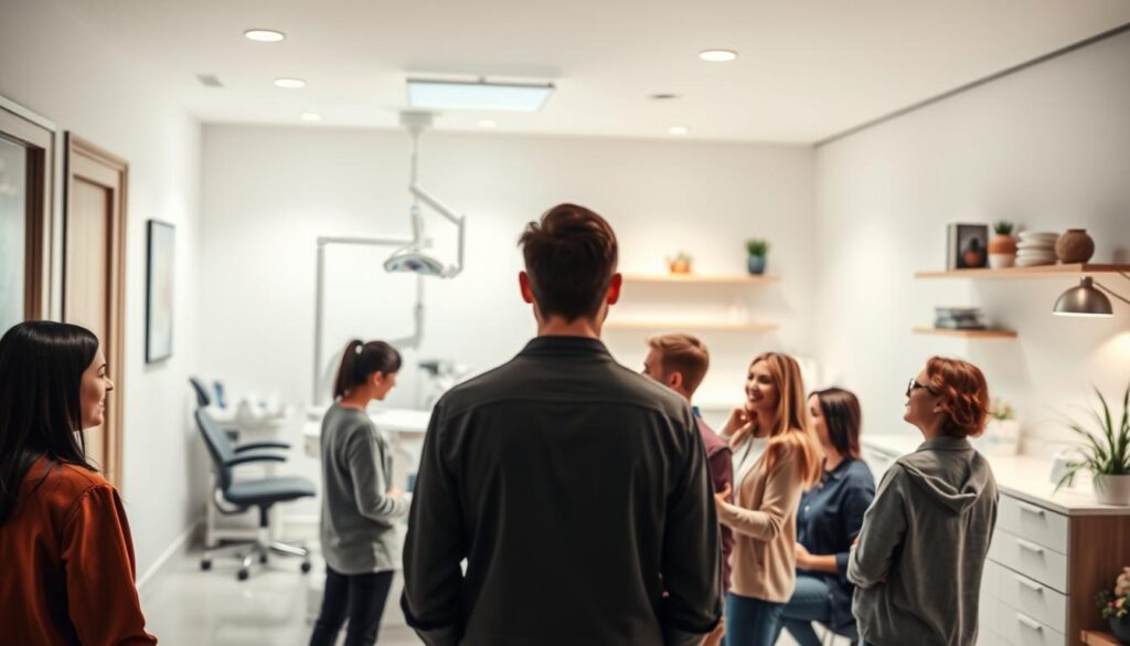 Dental clinic advertisements featuring a modern, minimalist office setting. In the foreground, a group of diverse patients engaged in friendly conversation, conveying a welcoming atmosphere. The middle ground showcases a well-designed, ergonomic dental chair and medical equipment, projecting professionalism and advanced technology. The background depicts a serene, calming palette of neutral tones, with tasteful decor elements that reinforce the clinic's commitment to patient comfort and care. Soft, diffused lighting illuminates the scene, creating a soothing, inviting ambiance. The overall composition emphasizes the clinic's focus on personalized, high-quality dental services.
