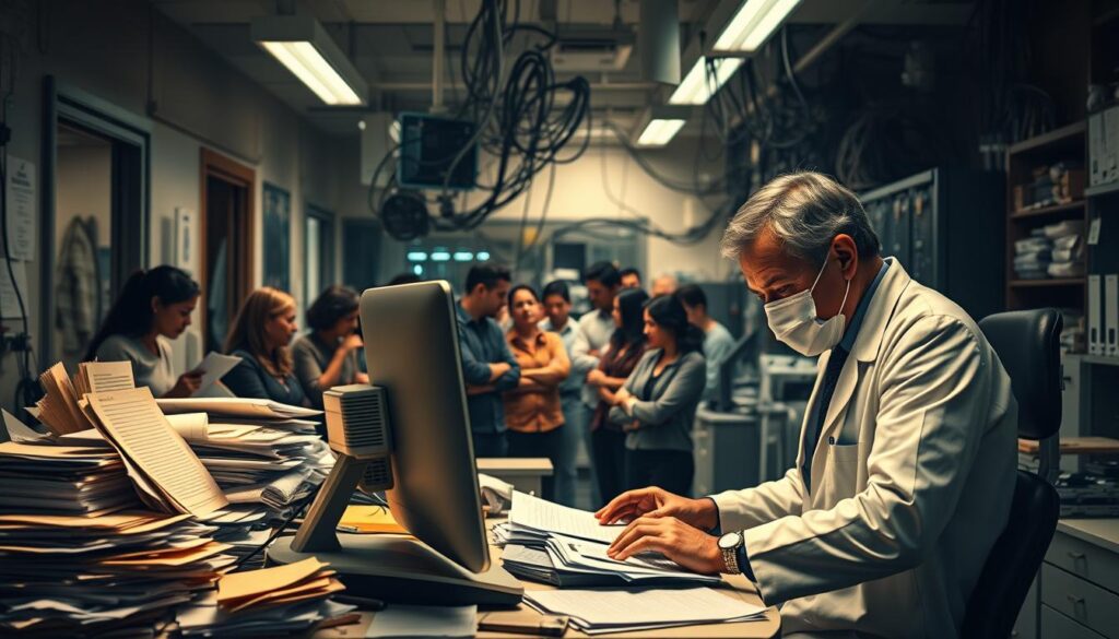Desafios comuns na implementação de software odontológico: a busy dental clinic with various challenges depicted through a realistic, high-detailed scene. In the foreground, a dentist struggles with an outdated computer system, surrounded by cluttered paperwork. The middle ground shows patients waiting impatiently, reflecting the difficulties of managing patient flow. In the background, a complex network of wires and servers hints at the technical complexity of integrating new software into the clinic's infrastructure. The lighting is warm and slightly moody, creating a sense of tension and pressure. The overall composition conveys the real-world obstacles faced by dental practices when adopting new practice management technologies.