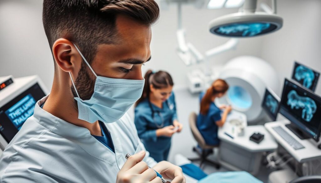 Desafios na Odontologia: An overhead view of a modern dental clinic, with a focus on the challenges faced by the practitioners. In the foreground, a dentist examining a patient's teeth, their brow furrowed in concentration. In the middle ground, a team of dental assistants preparing equipment and navigating the complexities of electronic medical records. The background showcases the technological advancements in the field, with a 3D printer producing custom dental implants and a cutting-edge panoramic x-ray machine capturing intricate scans. The lighting is crisp and clinical, highlighting the precision and attention to detail required in the profession. The atmosphere conveys the high stakes and constant evolution in the rapidly changing world of modern dentistry.
