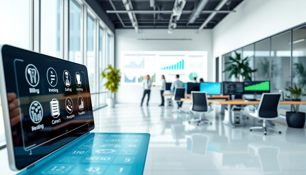 Detailed 3D illustration of a dental office financial automation system. In the foreground, a sleek touchscreen interface with icons representing billing, invoicing, and bookkeeping software. In the middle ground, a team of dental professionals reviewing financial reports on desktop computers, with digital charts and graphs projected onto the wall. In the background, a modern, minimalist office space with large windows allowing natural light to flood the room. The scene conveys a sense of efficiency, organization, and technological integration within the dental practice's financial operations.
