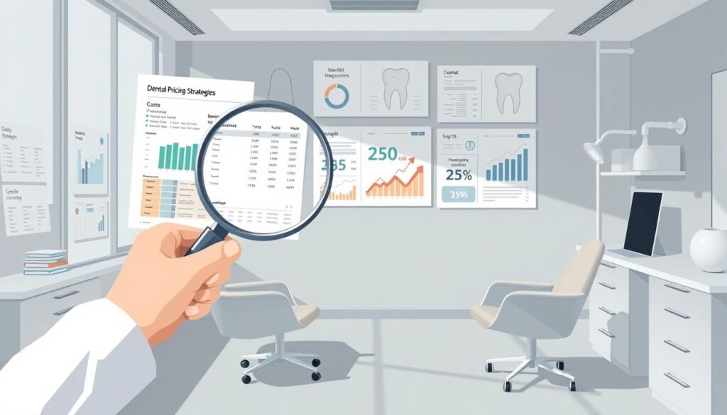 Detailed and competitive dental pricing strategies depicted through a clean, minimalist illustration. In the foreground, a dental professional's hand holds a magnifying glass, scrutinizing various cost breakdowns and comparison charts. The middle ground features an array of neatly organized pricing data, graphs, and financial projections. The background showcases a modern, well-equipped dental office with sleek, angular furniture and muted color tones, creating a professional, business-focused atmosphere. Soft, directional lighting casts subtle shadows, emphasizing the analytical nature of the scene. The overall mood is one of strategic decision-making, data-driven analysis, and a commitment to providing patients with transparent, competitive dental services.