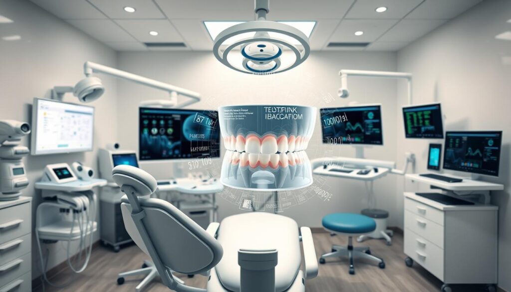 Detailed and expansive dental technology landscape, crisp and vibrant, with an array of modern equipment and digital interfaces. In the foreground, a sleek dental chair surrounded by a variety of diagnostic tools, monitors, and touchscreen panels. The middle ground showcases a digital model of a patient's teeth, rotating and pulsing with data visualizations. The background features a clean, minimalist medical office, with subtle lighting and a soothing color palette evoking a professional, cutting-edge atmosphere. Convey a sense of precision, innovation, and patient-centric care in dental practice management.