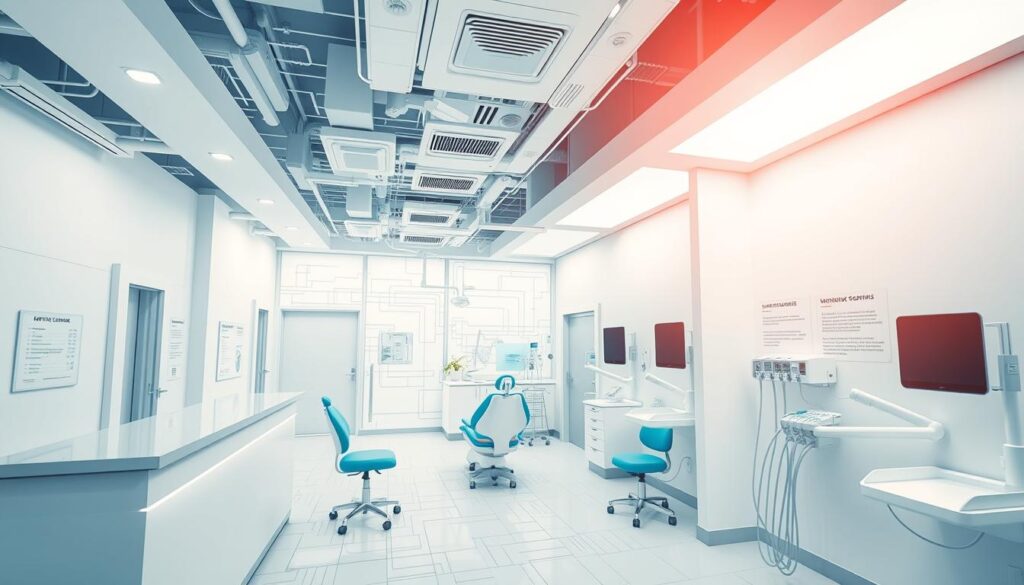 Detailed architectural blueprint of a modern dental clinic interior, showcasing the legal and regulatory framework that governs the operations of such a medical facility. Prominent features include reception area, private consultation rooms, state-of-the-art dental equipment, and clear signage highlighting key compliance requirements. Bright, clean lighting illuminates the professional yet welcoming atmosphere, capturing the importance of adhering to strict healthcare guidelines. The scene conveys a sense of order, precision, and patient-centric care that exemplifies the legal standards dental clinics must uphold.