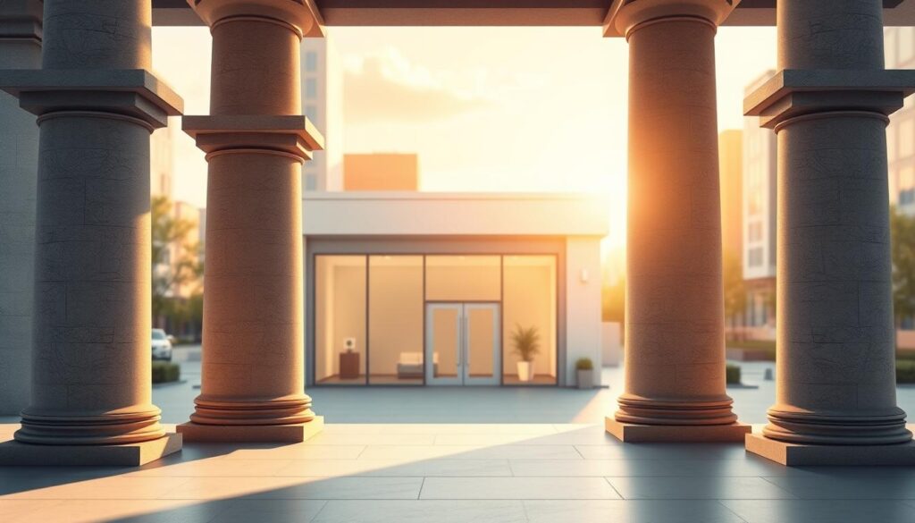Detailed architectural illustration of the four pillars of effective dental marketing. Prominently featured in the foreground are four sturdy stone columns representing the core elements: digital presence, branding, patient experience, and community outreach. The columns are illuminated by soft, diffused natural light filtering in from the left side, casting long shadows. In the middle ground, an elegant, minimalist dental office facade with clean lines and large windows serves as the backdrop. The background blurs into an urban cityscape with a warm, golden hour glow, suggesting the broader professional and commercial context. Overall, the image conveys a sense of balance, stability, and thoughtful design - the foundational principles of successful dental practice marketing.