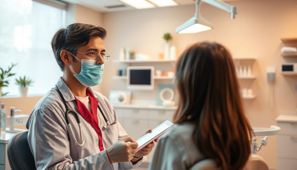 Detailed dental educational content for patients, showcasing a warm, inviting atmosphere. In the foreground, an engaging illustration of a smiling dentist explaining dental hygiene practices to a patient. In the middle ground, an array of dental tools and equipment, neatly organized, conveying professionalism. The background features soothing, pastel-toned interiors with calming decor, creating a comfortable, trust-inspiring setting. Soft, natural lighting illuminates the scene, evoking a sense of care and expertise. The overall composition communicates the clinic's commitment to patient education and well-being.