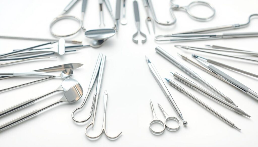 Detailed dental equipment and medical instruments arranged in a precise, organized manner on a clean, white surface. A central focal point displays various dental tools and implements, such as dental mirrors, forceps, explorers, and probes, all meticulously positioned to convey a sense of professionalism and expertise. The lighting is clean and bright, with a soft, diffused quality that accentuates the metallic sheen of the instruments. The background is subtly blurred, allowing the dental items to be the primary subject, conveying the idea of high-quality dental content and resources.