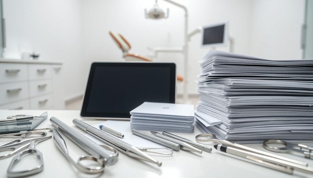 Detailed dental management tools arranged in a clinical, professional setting. Pristine metal surgical instruments, sleek digital tablets, and organized stacks of paperwork fill the foreground. In the middle ground, a modern dental chair with ergonomic design casts soft shadows. The background showcases a minimalist, well-lit office with clean lines and a soothing, neutral color palette. Crisp lighting highlights the precision and efficiency of these essential dental practice management resources.