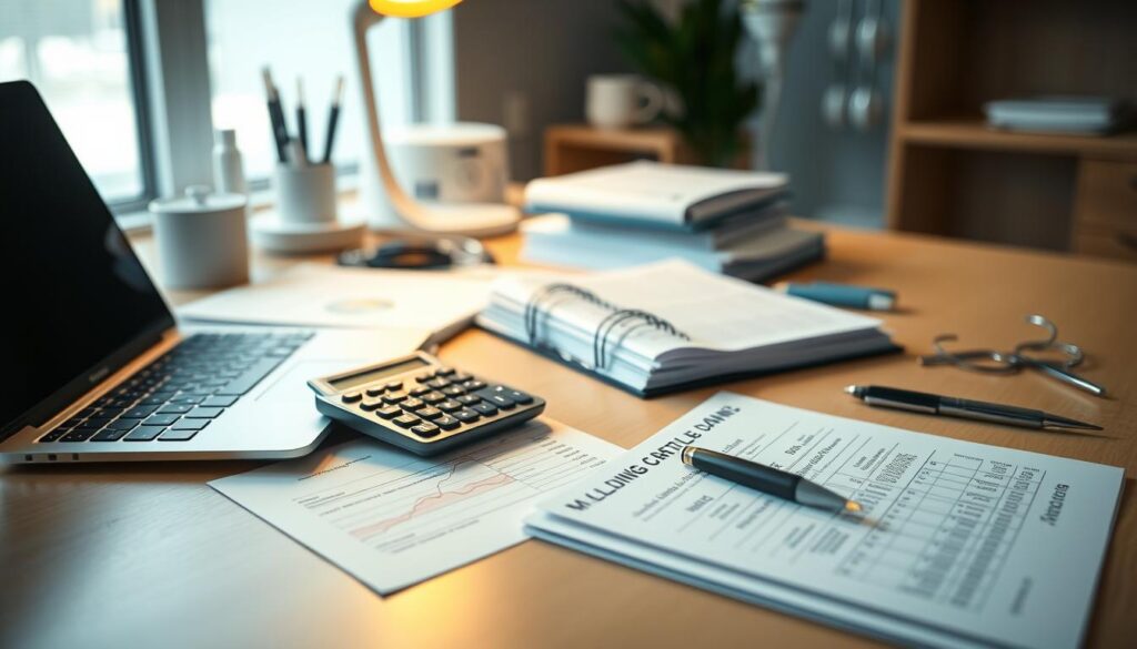Detailed dental office accounting organization. A well-ordered desktop with a laptop, ledger books, and financial documents neatly arranged. Soft, warm lighting illuminates the scene, creating a professional, focused atmosphere. The focal point is a calculator and pen poised on the desk, symbolizing the careful management of dental clinic billing and revenue. In the background, medical equipment and tools allude to the healthcare context. The composition is balanced, with a clean, minimalist aesthetic that conveys efficiency and control over dental practice finances.