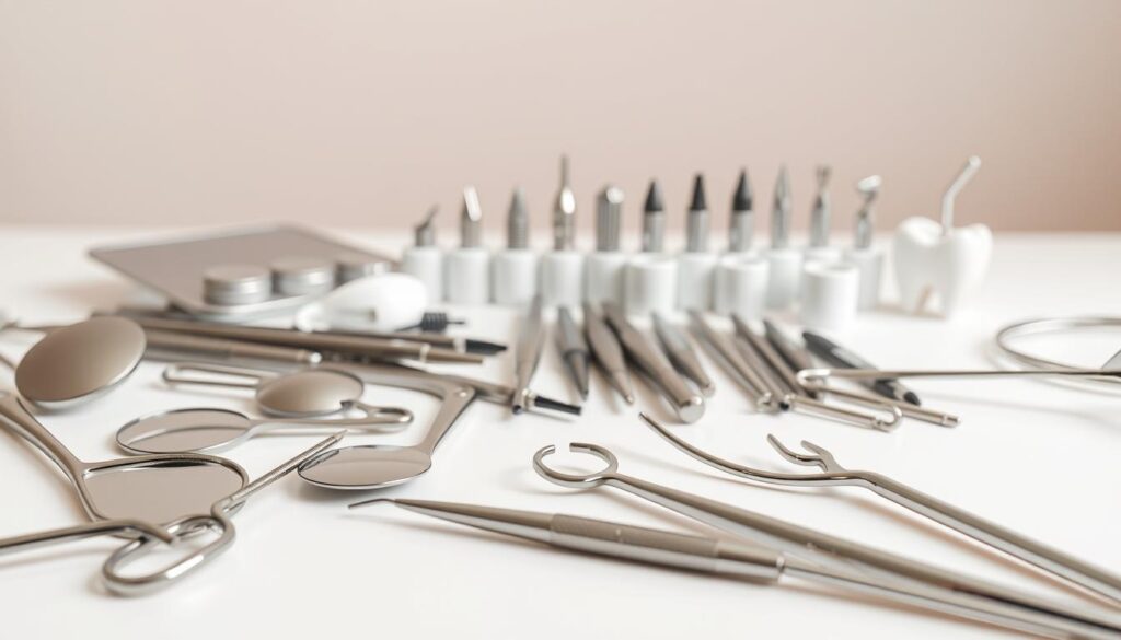 Detailed dental office instruments and equipment arranged on a clean, white surface. Foreground features various dental tools, including mirrors, probes, scalers, and pliers, each meticulously rendered. Middle ground showcases a selection of rotary dental handpieces, burs, and other treatment-related items. Background depicts a minimalist, softly-lit setting, creating a professional, clinical atmosphere. Warm, neutral tones and balanced composition convey an organized, efficient, and well-equipped dental practice.