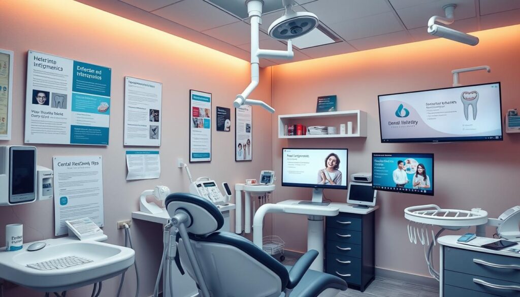 Detailed dental office interior with modern medical equipment and supplies. Focus on various content elements such as educational posters, patient information brochures, and digital displays showcasing dental health tips and treatments. Warm, professional lighting accentuates the clinical yet welcoming atmosphere. Emphasis on providing valuable, informative content to patients in an organized, visually engaging manner. Capture the essence of a well-curated dental clinic environment designed to educate and empower patients.
