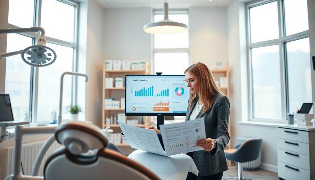Detailed dental office marketing plan with focused foreground, layered middle ground, and subtly blurred background. Warm lighting from large windows casts a professional glow, with clean, minimalist decor and sleek dental equipment visible. In the middle, a businesswoman reviews documents and a computer screen displaying marketing metrics and strategies. Surrounding her, shelves of dental supplies and an inviting reception area create a sense of a thriving, well-organized practice. The atmosphere conveys an efficient, patient-centric approach to dental marketing.