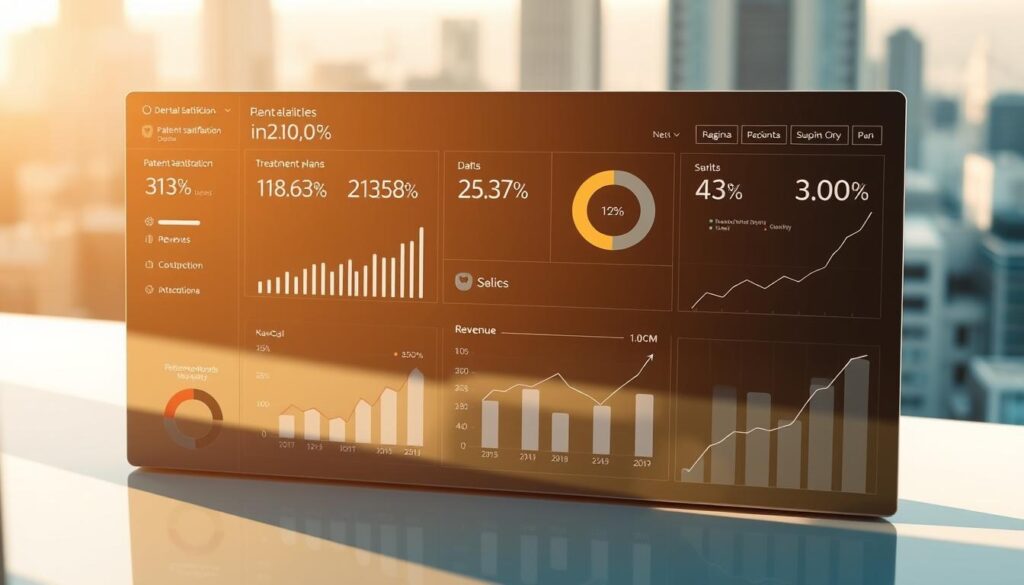Detailed dental performance indicators displayed on a sleek, modern dashboard. In the foreground, a minimalist user interface shows key metrics like patient satisfaction, treatment plan completion, and revenue growth. The middle ground features glossy icons and infographic elements, conveying a sense of precision and data-driven insights. In the background, a soft, blurred cityscape provides a professional, business-oriented atmosphere. Warm, directional lighting casts subtle shadows, emphasizing the clean, elegant design. The overall composition communicates the importance of data-driven decision making in successful dental practice management.