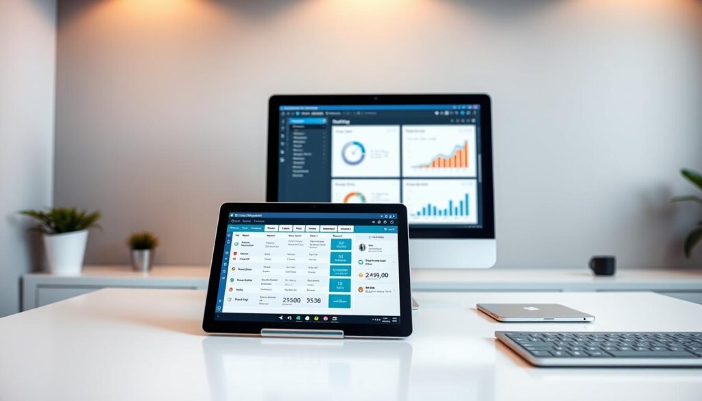 Detailed dental practice management software displayed on a clean white desk. In the foreground, a modern tablet device showcases the intuitive user interface, highlighting key features like patient records, appointment scheduling, and billing. In the middle ground, a desktop computer monitor displays analytical dashboards, providing insights into practice performance. The background features a neutral gray wall, creating a professional, minimalist atmosphere. Warm, indirect lighting illuminates the scene, emphasizing the sleek, high-tech aesthetic of the dental management tools.