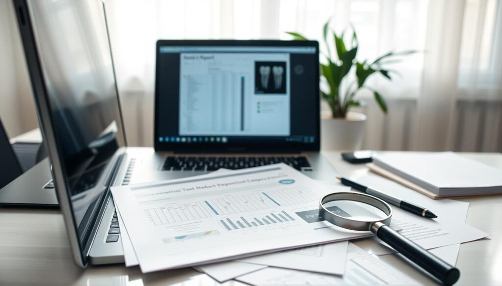 Detailed dental report analysis: a professional-looking office scene with a desk, computer, and medical documents. Soft, natural lighting from a window casts a calm, analytical atmosphere. On the desk, an open laptop displays a comprehensive dental report, its pages meticulously organized. Nearby, a stack of patient files and a magnifying glass suggest a thorough, data-driven approach to understanding clinical information. The overall mood is one of focused, thoughtful examination - a visual representation of "Simplifying the analysis of clinical reports."