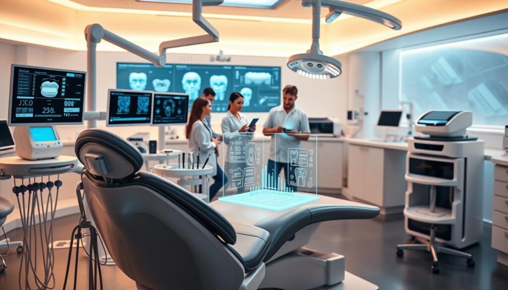 Detailed dental technology in a modern clinical setting. A sleek, minimalist dental chair with advanced monitoring equipment and precision instruments levitating in the foreground. In the middle ground, a team of dental professionals reviewing digital patient records on holographic screens. The background features a high-tech, clean workspace with cutting-edge dental imaging systems, 3D printers, and robotic assistants. Warm, soft lighting illuminates the scene, conveying a sense of efficiency, innovation, and patient-centric care.