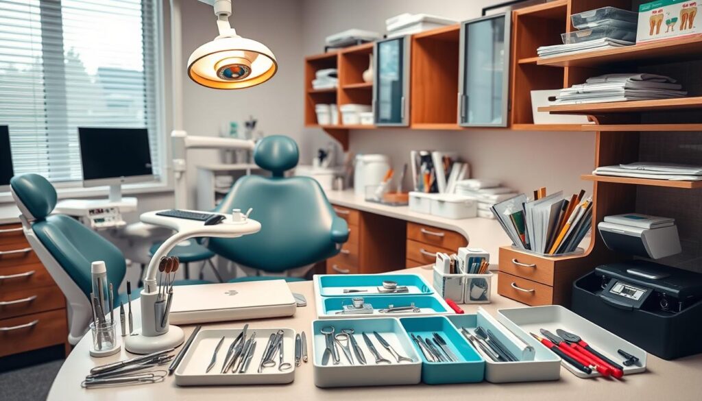 Detailed desk arrangement of dental organization tools, including a dental chair, examination light, dental instruments like forceps and mirrors, and various organizational items like trays, cabinets, and shelves. The scene is well-lit, with a warm, professional atmosphere to create a sense of a well-equipped, efficiently organized dental office. The composition emphasizes the practical and ergonomic layout, showcasing the tools and equipment essential for effective dental practice management.
