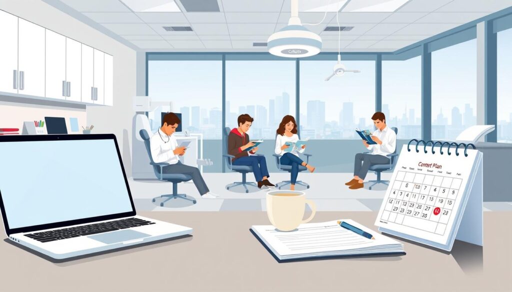 Detailed digital illustration of content planning for dental clinics. In the foreground, a dentist's desk with a laptop, notepad, and a cup of coffee. On the desk, a stack of documents labeled "Content Plan" and a calendar highlighting important dates. In the middle ground, several dental patients in a waiting area, engaged with their smartphones or reading magazines. The background features a modern, well-lit dental office interior with sleek cabinets, diagnostic equipment, and large windows overlooking a cityscape. The scene conveys a professional, organized, and patient-focused approach to content planning for dental practices.