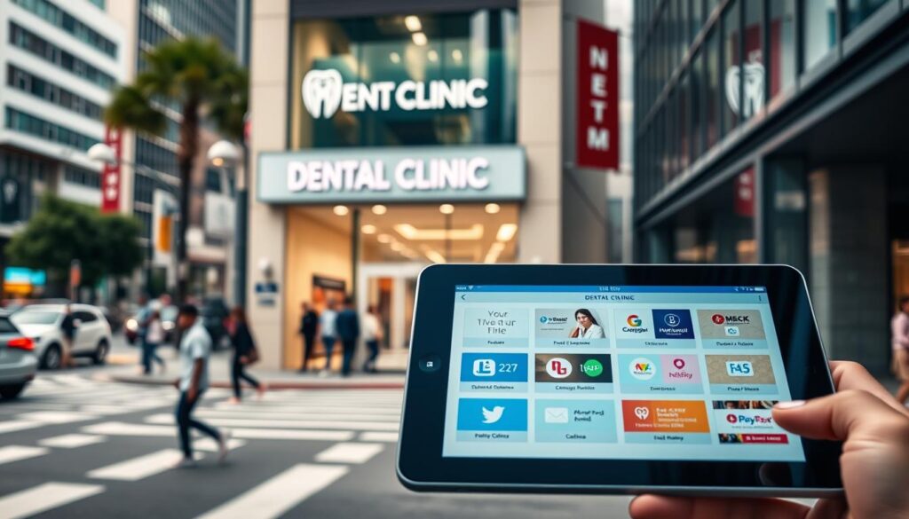Detailed digital marketing campaign for a modern dental clinic. Prominent clinic facade with signage, surrounded by bustling city street with pedestrians, cars, and contemporary architecture. In the foreground, a tablet displaying social media platforms, online booking tools, and digital advertising. Subtle lighting and depth-of-field focus to draw the viewer's attention. Vibrant colors, clean lines, and a sense of professionalism and technological savvy convey the dental clinic's embrace of digital marketing strategies to attract new patients.