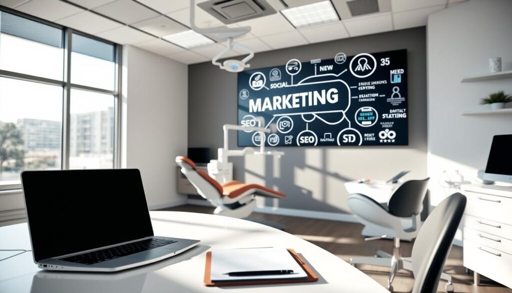 Detailed digital marketing strategies for dentists, depicting a sleek and modern dental office interior. In the foreground, a dentist's desk with a laptop, tablet, and paperwork. In the middle ground, dental equipment and tools, casting soft shadows. In the background, a large display screen showcasing various digital marketing concepts such as social media, email campaigns, and SEO optimization. Bright, natural lighting filters through floor-to-ceiling windows, creating a professional and tech-savvy atmosphere. The overall scene conveys the idea of a forward-thinking dental practice embracing cutting-edge digital strategies to attract and retain patients.