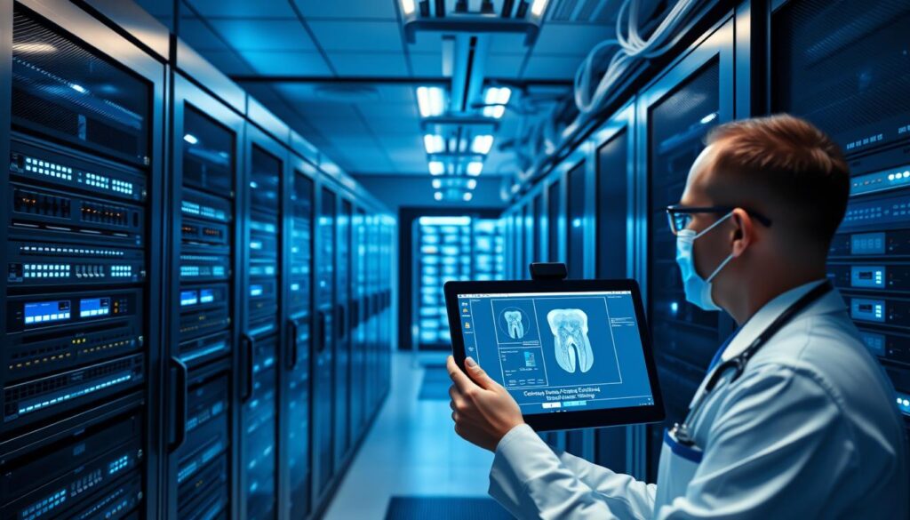 Detailed digital security infrastructure for a modern dental clinic. Sleek server room with rows of racks, blinking lights, and network cables. In the foreground, a doctor reviewing encrypted patient records on a high-resolution display. Soft blue lighting illuminates the sterile, clinical environment. In the background, state-of-the-art data storage arrays, firewalls, and monitoring systems ensuring seamless compliance and data protection. The scene conveys a sense of professionalism, technological prowess, and unwavering commitment to patient privacy.