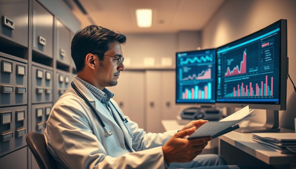 Detailed financial management for a dental clinic. A well-organized office, with a doctor reviewing invoices and financial documents. Rows of filing cabinets and a computer display showing graphs and charts, illuminated by soft, warm lighting. The doctor has a focused, thoughtful expression as they analyze the clinic's financial data, ensuring efficient resource allocation and profitability. The background features a minimalist, modern interior design, with clean lines and neutral tones creating a professional, yet calming atmosphere. The overall scene conveys a sense of diligence, optimization, and a commitment to the clinic's financial well-being.