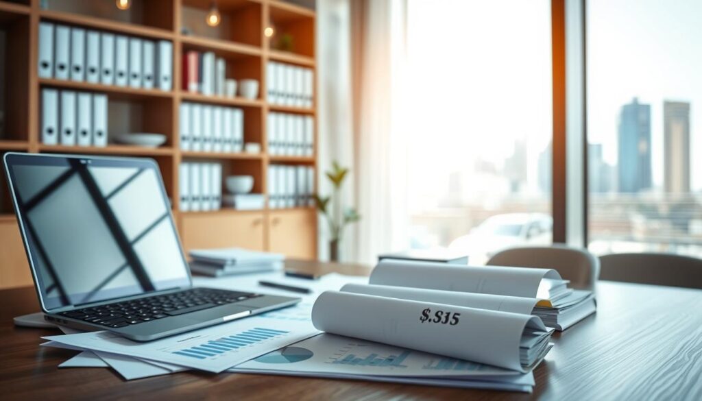Detailed financial report and analysis of a modern dental clinic, capturing the essence of efficient financial management. A well-lit interior scene with a focus on a desk featuring a laptop, spreadsheets, and various financial documents. In the background, a bookshelf filled with accounting books and a window overlooking a city skyline, conveying a sense of professionalism and successful dental practice operations. The lighting is warm and inviting, creating a productive and thoughtful atmosphere, reflecting the importance of sound financial strategies in maintaining a thriving dental clinic.