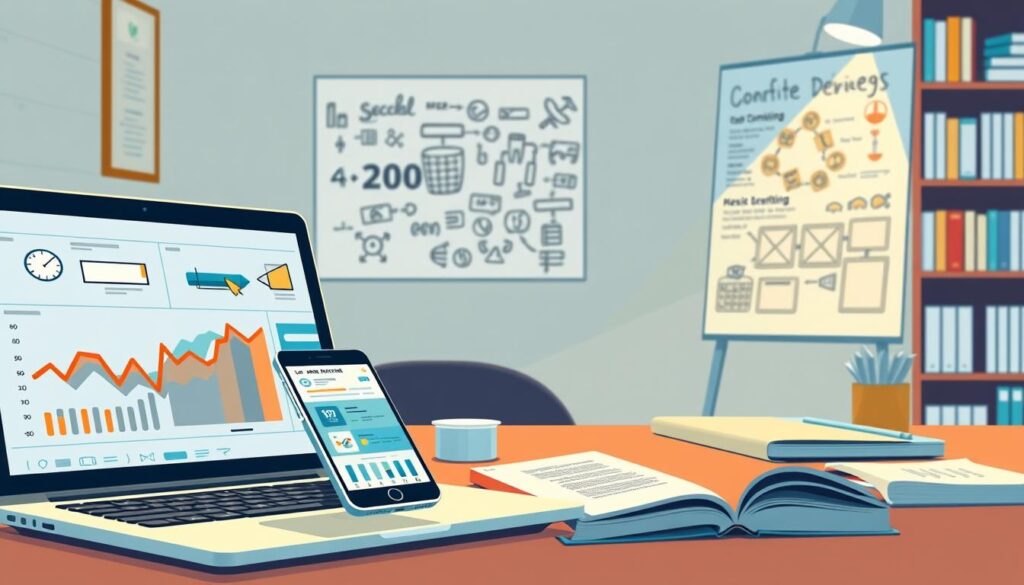 Detailed illustration of a dental office's marketing strategy, showcasing a carefully curated array of digital and print media elements. In the foreground, a laptop displays analytics and campaign performance data, while a smartphone and tablet showcase social media and website design. The middle ground features a brainstorming session, with a whiteboard covered in notes, sketches, and ideas. In the background, a bookshelf houses marketing materials, including brochures, business cards, and promotional items. The lighting is warm and professional, creating an atmosphere of strategic planning and creative problem-solving. The overall scene conveys a comprehensive, well-considered approach to dental marketing.