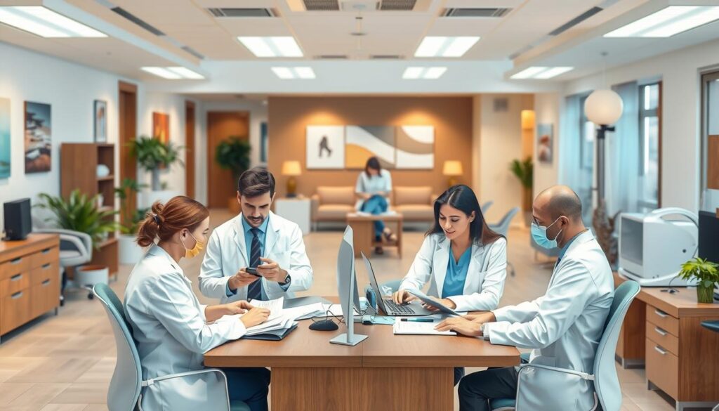 Detailed illustration of an efficient management implementation in a dental practice. A spacious and well-organized office with modern furniture and equipment. In the foreground, a team of dental professionals collaborating on administrative tasks using computers and paperwork. In the middle ground, a dentist meets with a patient, discussing treatment options. The background depicts a waiting area with comfortable seating and calming decor, reflecting a professional and welcoming atmosphere. Soft, diffused lighting creates a pleasant and productive work environment. The overall scene conveys a sense of order, efficiency, and patient-centered care.