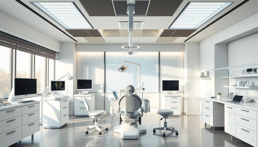 Detailed illustration of competitive advantages in the dental market. A modern dental clinic interior with sleek, minimalist design. Prominent display of advanced dental equipment and technology, conveying a sense of professionalism and innovation. Natural lighting from large windows illuminates the space, creating a warm, inviting atmosphere. The layout showcases efficient workflow and a patient-centric setup. Subtle branding elements like a logo or signage subtly integrated into the decor. The overall impression should communicate a successful, well-managed dental practice capable of providing exceptional patient care and services.