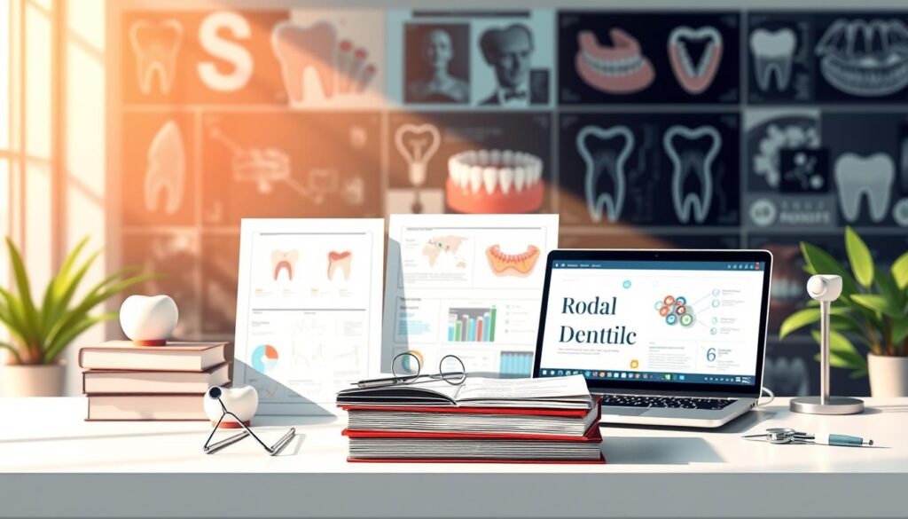 Detailed illustration of educational resources for dentists, displayed on a clean, minimalist table top. In the foreground, a stack of books, dental instruments, and a laptop showcasing digital learning materials. The middle ground features various informative charts, diagrams, and dental models. The background has a soft, blurred gradient of dental-related imagery - x-rays, teeth, and dental equipment. Warm, directional lighting casts natural shadows, creating depth and emphasizing the key elements. The overall scene conveys a sense of professionalism, knowledge, and the versatility of educational tools available to the modern dentist.