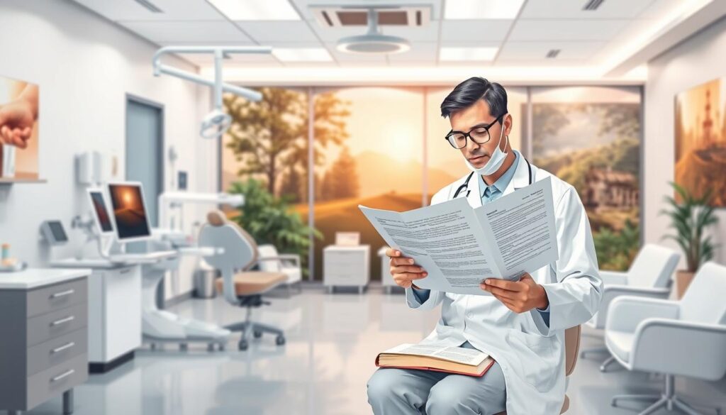 Detailed illustration of medical ethics guidelines for dentistry. Foreground features a clean, sterile dental clinic interior with modern equipment and furniture. Middle ground shows a thoughtful dentist reviewing official documents on professional ethics. Background depicts a warm, inviting waiting area with calming nature imagery. Lighting is soft and diffused, creating a tranquil, professional atmosphere. The overall scene conveys a sense of trust, care, and responsible dental practice.