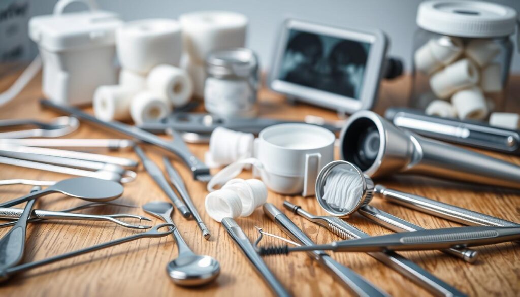 Detailed image of an assortment of dental tools and equipment arranged on a wooden surface. In the foreground, a variety of metal instruments such as dental mirrors, probes, and scalers. In the middle ground, a dental handpiece, a roll of dental floss, and a container of dental burs. In the background, a dental x-ray viewer and a jar of cotton rolls. The scene is well-lit, with soft, diffused lighting creating a professional, clinical atmosphere. The overall composition is balanced and visually appealing, highlighting the essential tools required for the efficient management of a dental clinic.