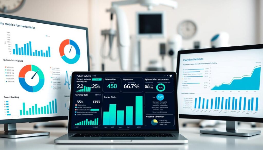 Detailed infographics depicting key performance metrics for dental clinics, presented on a clean, minimalist desktop workspace. In the foreground, various charts, graphs, and dashboards visualize crucial data points such as patient volume, appointment attendance, treatment plan acceptance, and revenue trends. The middle ground showcases a laptop or tablet displaying analytics software, with a medical-themed color palette of blues and greens. The background features blurred, out-of-focus medical equipment, suggesting a clinical environment. The overall atmosphere is professional, informative, and designed to provide dental practitioners with a comprehensive understanding of the essential metrics to monitor for a successful practice.