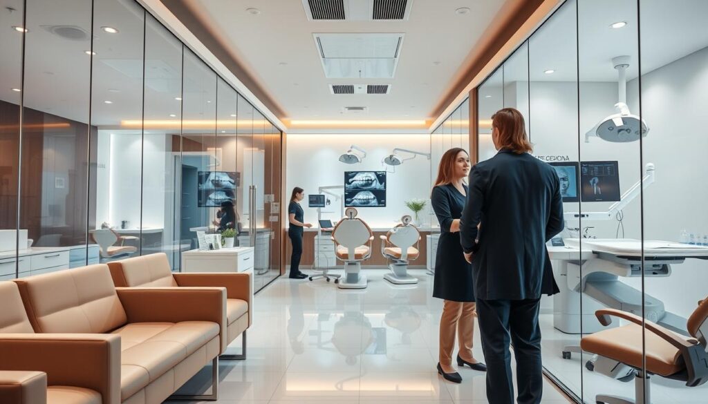 Detailed interior of a modern, well-organized dental clinic. Bright, airy reception area with sleek furniture and glass walls. Pristine examination rooms with state-of-the-art dental equipment neatly arranged. Efficient workflow visible, with dental assistants and hygienists moving purposefully. Dentist consulting with a patient, explaining treatment options using digital displays. Warm, calming lighting creates a relaxing atmosphere. Subtle branding and signage reinforces the clinic's professionalism and attention to detail. Overall, a visually striking representation of an efficiently managed, high-quality dental practice.