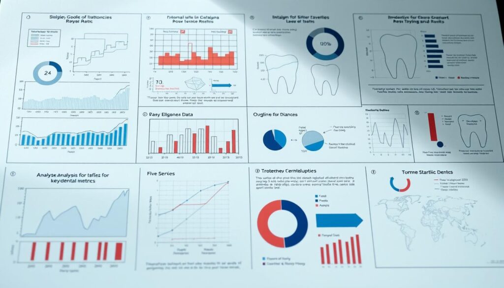 Detailed medical diagrams and infographics illustrating various methodologies for analyzing key dental metrics. Minimalist, technical style with clean lines, neutral colors, and precise labeling. Graphs, charts, and data visualizations arranged in a logical layout to convey information. Subtle lighting from above casts soft shadows, establishing depth and dimension. Captured from an oblique angle to provide an optimal view of the analytical tools and processes. Conveys a clinical, professional tone suitable for a medical reference guide.