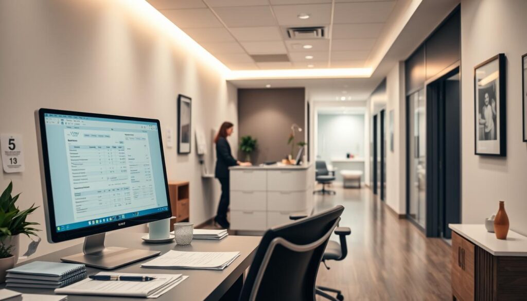 Detailed medical office interior with a modern, minimalist aesthetic. In the foreground, a sleek computer monitor displaying dental billing software, surrounded by neatly organized paperwork and office supplies. The middle ground features a stylish, high-tech reception desk with a friendly receptionist assisting a patient. In the background, a clean, well-lit hallway leads to examination rooms, creating a sense of efficiency and professionalism. Subtle yet warm lighting, clean lines, and a soothing color palette convey an atmosphere of streamlined, automated dental practice management.