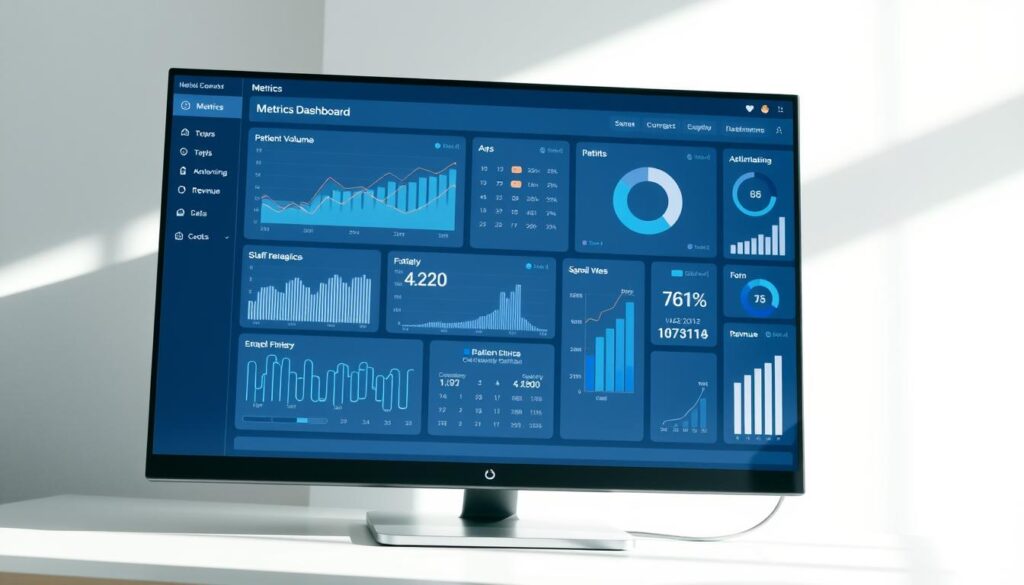 Detailed metrics dashboard for a modern medical clinic, showcased on a sleek computer monitor. The display features line graphs, pie charts, and infographics tracking key performance indicators such as patient volume, appointment scheduling, revenue, and staff productivity. The layout is clean and intuitive, with a cool color palette of blues and grays that convey a sense of professionalism and data-driven decision making. Soft studio lighting illuminates the scene, creating subtle shadows and highlights that lend depth and dimension to the digital interface. The overall atmosphere is one of analytical precision, technological savvy, and clinical efficiency.
