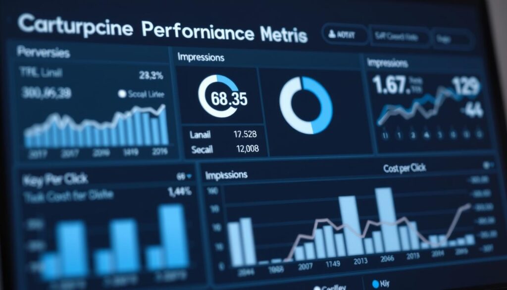 Detailed performance metrics dashboard displaying key campaign data - conversion rates, impressions, click-through rates, cost per click, and other vital KPIs. Sleek, minimalist design with clean typography and infographic-style visualizations. Sophisticated color palette of blues, grays, and whites conveys professionalism and data-driven insights. Rendered with a slight depth-of-field blur, creating a sense of focus on the essential information. Crisp, high-resolution image with careful attention to lighting and camera angle to showcase the data in a compelling, visually striking manner.