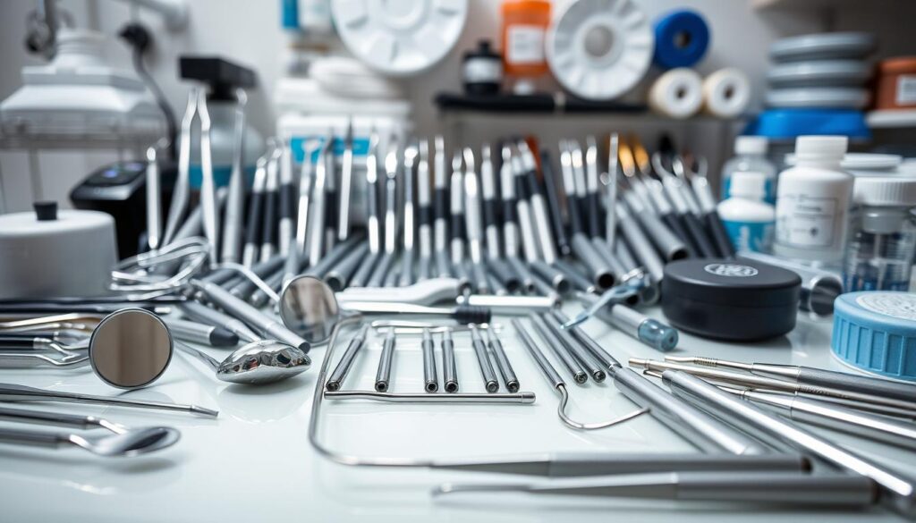 Detailed professional dental clinic tools arranged in a well-lit, organized manner on a clean, reflective surface. Gleaming metallic instruments such as dental mirrors, forceps, probes, and scalers displayed in the foreground. Middle ground features various dental handpieces, burs, and other electronic equipment. Background showcases a mix of consumable supplies like syringes, gauze, and polishing discs. Crisp focus, neutral color palette, and balanced, symmetrical composition convey a sense of precision, professionalism, and clinical efficiency.