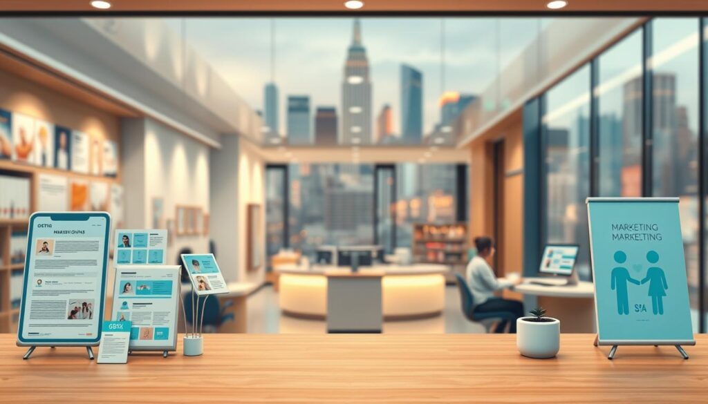 Detailed, realistic digital illustration of real-world marketing cases for dental clinics. Crisp, clean foreground depicting a variety of marketing materials and strategies, such as social media posts, email campaigns, search engine optimization tactics, and patient referral programs. Middle ground showcases a modern, well-equipped dental clinic interior with patients and staff. Softly blurred background reveals a bustling urban cityscape, reflecting the diverse, vibrant market. Warm, natural lighting casts a professional, authoritative tone. Cinematic, wide-angle perspective captures the full scope of the clinic's comprehensive digital marketing efforts.