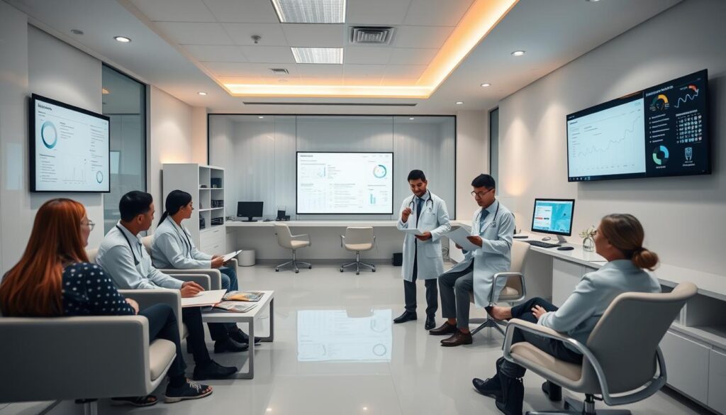Detailed strategic business plan for a dental clinic. Clean, minimalist office interior with modern furniture and equipment. Doctors and staff in medical attire going over documents and charts. Warm lighting illuminates the professional, efficient atmosphere. Patients in waiting room with magazines and digital displays. Sleek, high-tech computer systems and digital screens showcase analytics, scheduling, and marketing data. Emphasis on organization, data-driven decision making, and patient-centric approach to dental services.