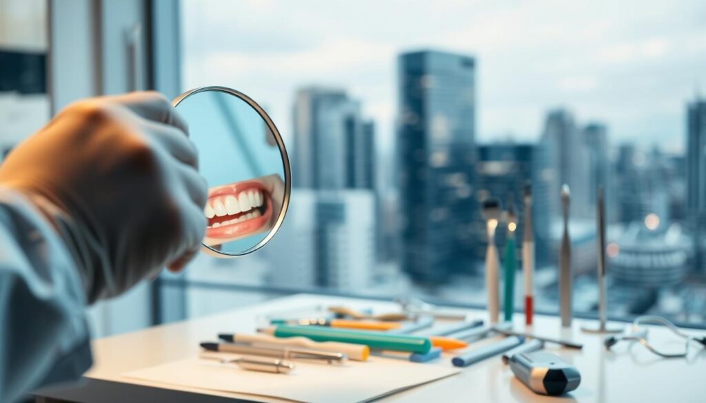 Detailed strategic dental marketing concept. In the foreground, a dentist's hand holding a dental mirror and examining a patient's teeth against a blurred background. In the middle ground, various dental tools and equipment arranged neatly, symbolizing the importance of professionalism and attention to detail in dental practice. The background features a cityscape with modern skyscrapers, conveying a sense of a thriving, urban business environment. The lighting is soft and warm, creating a professional and inviting atmosphere. The overall composition suggests the intersection of specialized medical expertise and strategic business acumen required for successful dental marketing.