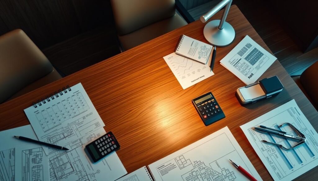 Detailed strategic dental planning: a boardroom table with architects' plans, a calendar, a calculator, and a surgeon's kit, illuminated by warm, focused lighting, captured from a high, overhead angle to suggest a thoughtful, analytical perspective on sustainable clinic growth.