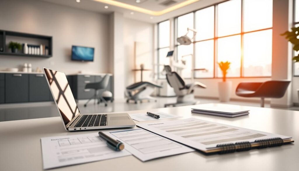 Detailed strategic plan for a modern dental clinic, with a professional office setting featuring sleek, minimalist furniture, clean lines, and a calming color palette. The foreground showcases a carefully laid out workspace with a laptop, notes, and planning materials, conveying a sense of organized and thoughtful decision-making. The middle ground depicts dental equipment and tools, subtly hinting at the medical aspect of the business. In the background, warm lighting and large windows create a tranquil, patient-centric atmosphere, with a balanced blend of technology and comfort. An overarching theme of precision, efficiency, and a patient-first approach permeates the scene.