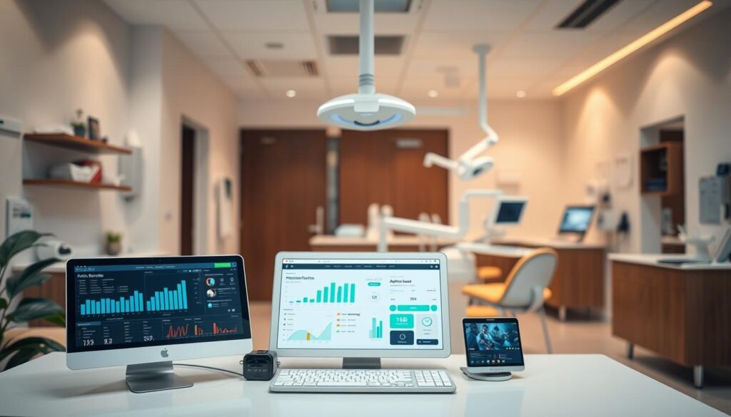 Detailed technology solutions for dental clinic management, showcasing a modern, professional atmosphere. A foreground featuring smartly-designed software interfaces and digital dashboards for patient records, appointment booking, and billing. In the middle ground, medical-grade devices and equipment seamlessly integrated into the clinic's workflows. The background depicts a clean, well-lit and organized dental office interior, highlighting the role of technology in enhancing patient experience and operational efficiency. Warm lighting, neutral tones, and minimalist design convey a sense of trust, reliability, and innovation.