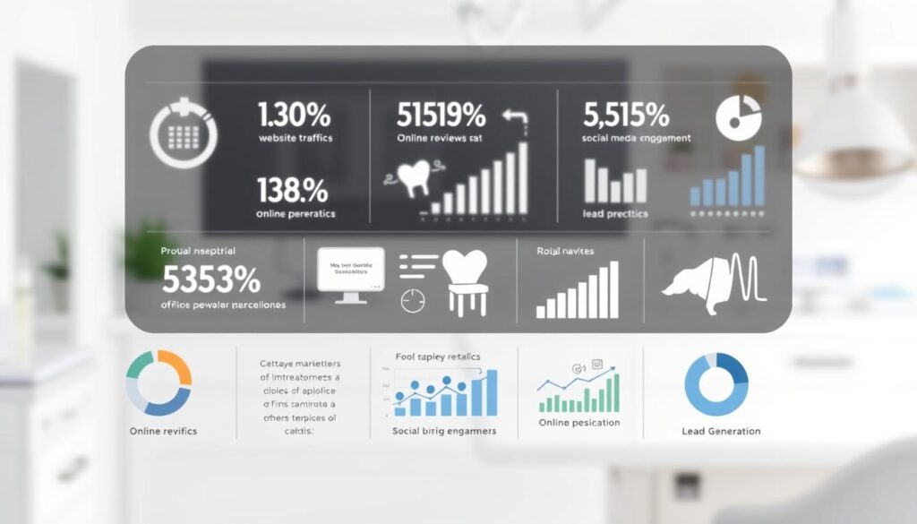 Digital marketing statistics for dental clinics depicted against a clean, minimalist white background. In the foreground, a series of infographic elements showcasing key metrics such as website traffic, online reviews, social media engagement, and lead generation. The middle ground features simple yet impactful data visualizations, charts, and graphs to illustrate the impact of digital marketing strategies. The background subtly hints at the clinical setting with hints of dental equipment or a blurred office environment. The overall mood is professional, informative, and visually striking, designed to effectively communicate the effectiveness of digital marketing for dental practices.