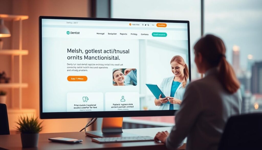 Digital marketing strategies for dentists, showcasing a professional dental practice website on a modern desktop computer. A clean, minimalist layout with sleek UI design elements, high-quality dental imagery, and easy-to-navigate menus. The scene is bathed in soft, warm lighting, creating a calming, inviting atmosphere. In the foreground, a dental hygienist consults with a patient on the screen, illustrating the practice's patient-centric approach. The background features a blurred cityscape, conveying the digital, connected nature of contemporary dental marketing.
